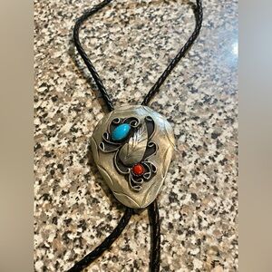 Navajo Silver leather  turqoise and red coral Bolo tie with designer name
